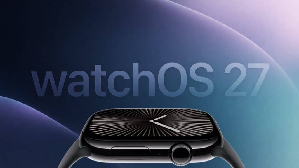Apple Watch with watchOS 27 text on screen.