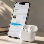 AirPods in a charging case beside an iPhone displaying custom EQ audio settings.