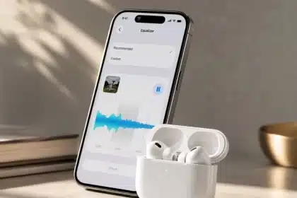 AirPods in a charging case beside an iPhone displaying custom EQ audio settings.