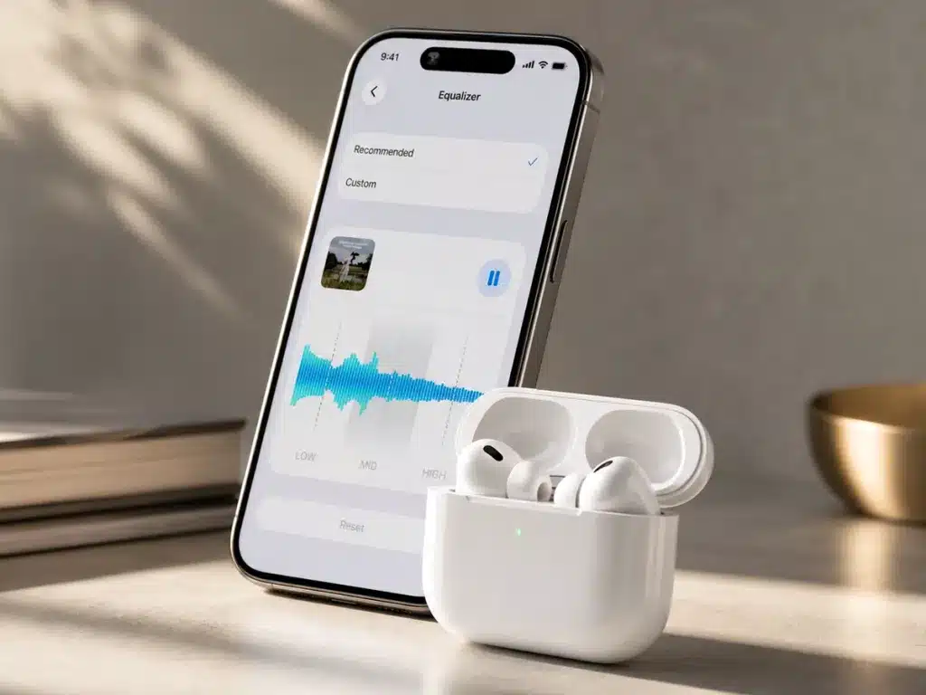AirPods in a charging case beside an iPhone displaying custom EQ audio settings.