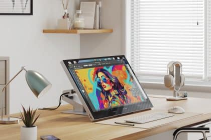 Alogic Aspekt Touch monitor displaying digital artwork on a modern desk setup.