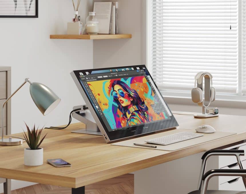 Alogic Aspekt Touch monitor displaying digital artwork on a modern desk setup.