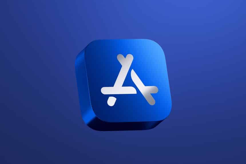 Blue Apple App Store icon displayed on a dark blue background.