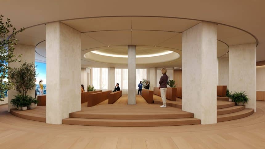 Modern Apple Developer Center auditorium with curved architecture and seating areas.