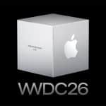 Apple Design Award 2026 trophy cube displayed above the WWDC26 logo on a black background.