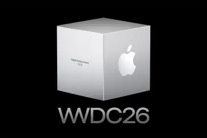 Apple Design Award 2026 trophy cube displayed above the WWDC26 logo on a black background.