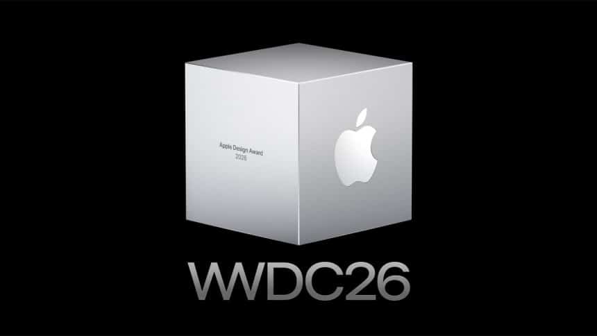 Apple Design Award 2026 trophy cube displayed above the WWDC26 logo on a black background.