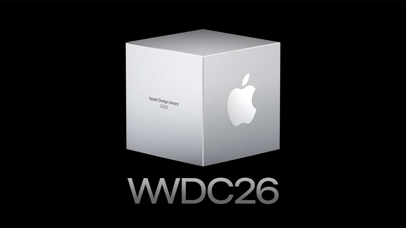 Apple Design Award 2026 trophy cube displayed above the WWDC26 logo on a black background.