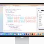 Xcode running on a Mac with an iPhone app preview on screen.
