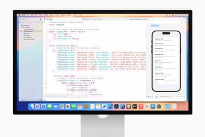 Xcode running on a Mac with an iPhone app preview on screen.