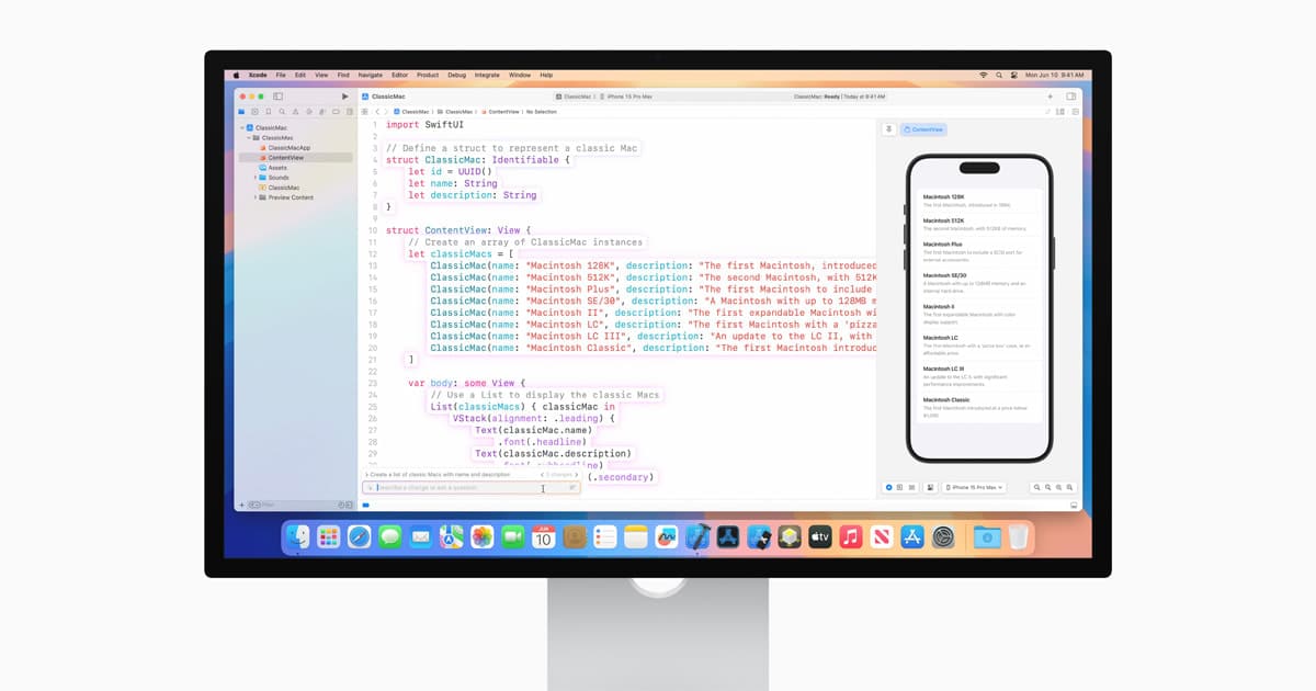 Xcode running on a Mac with an iPhone app preview on screen.