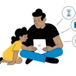 Parent and child using a tablet together with parental safety controls displayed.