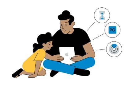 Parent and child using a tablet together with parental safety controls displayed.