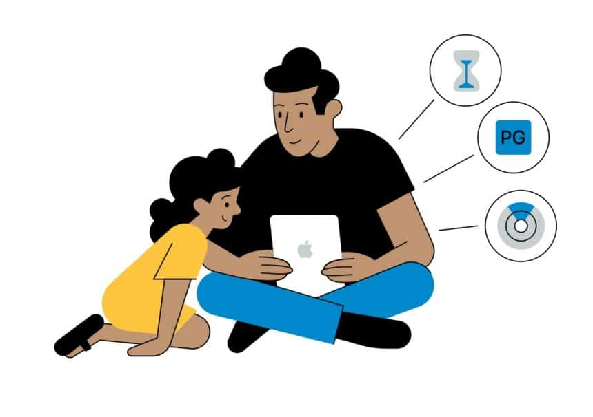 Parent and child using a tablet together with parental safety controls displayed.