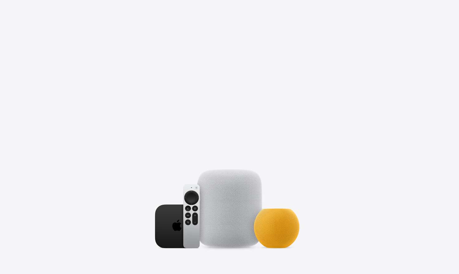 Apple smart home devices, including a HomePod, HomePod mini, Apple TV, and remote control.