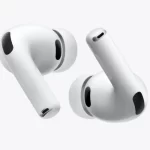 A pair of white Apple AirPods wireless earbuds on a light gray background.