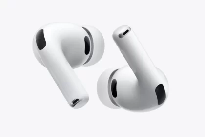 A pair of white Apple AirPods wireless earbuds on a light gray background.