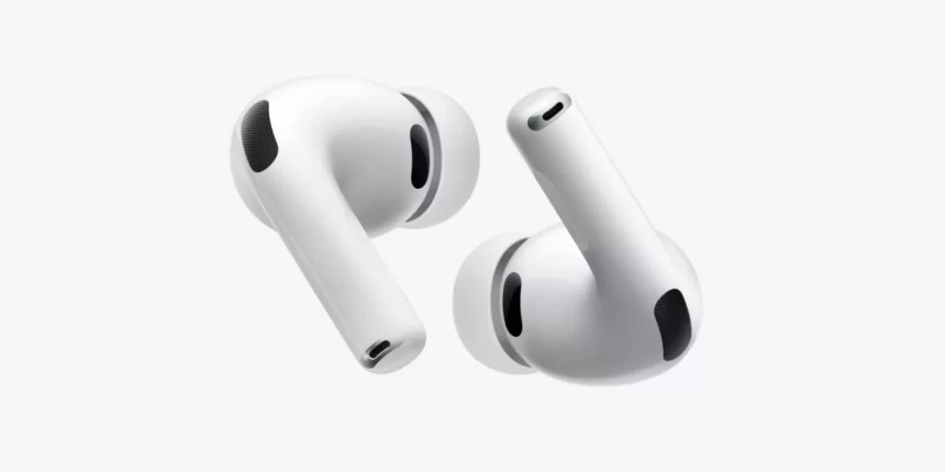 A pair of white Apple AirPods wireless earbuds on a light gray background.