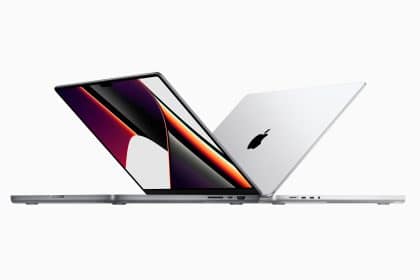 Two Apple MacBook laptops displayed open and back-to-back on a white background.
