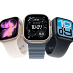 Three Apple Watch models displayed with different watch faces and bands.