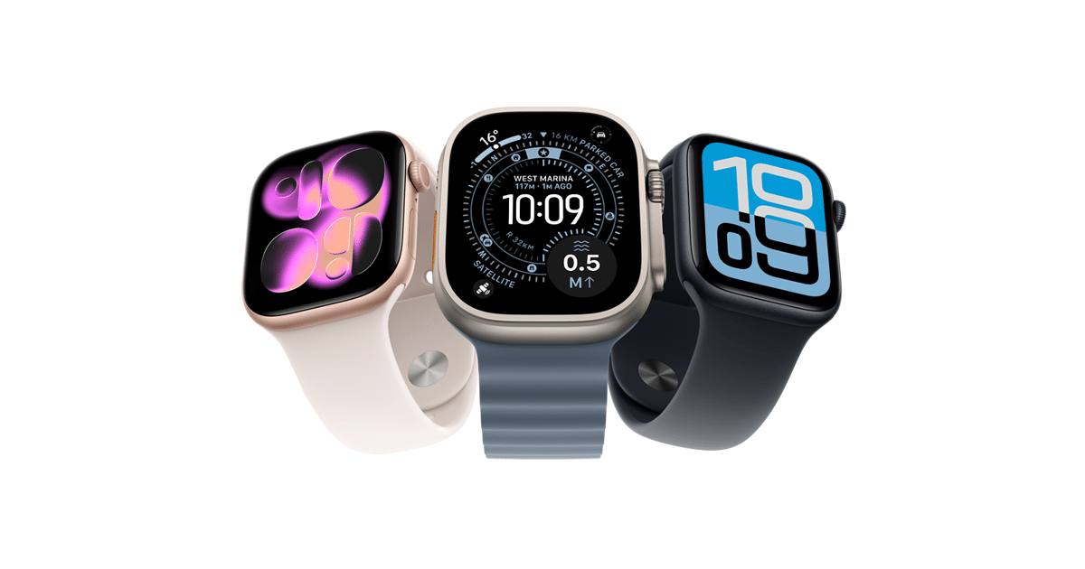 Three Apple Watch models displayed side by side with different watch faces.