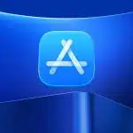 Apple App Store logo displayed on a blue gradient background.