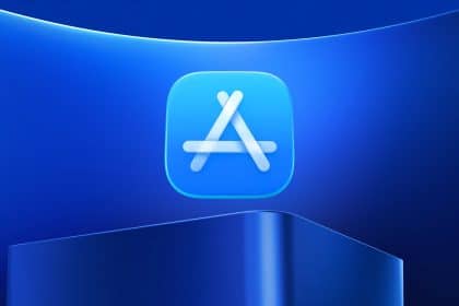 Apple App Store logo displayed on a blue gradient background.