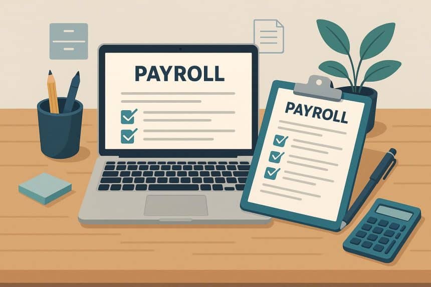 MacBook displaying payroll software dashboard for small business paperwork management