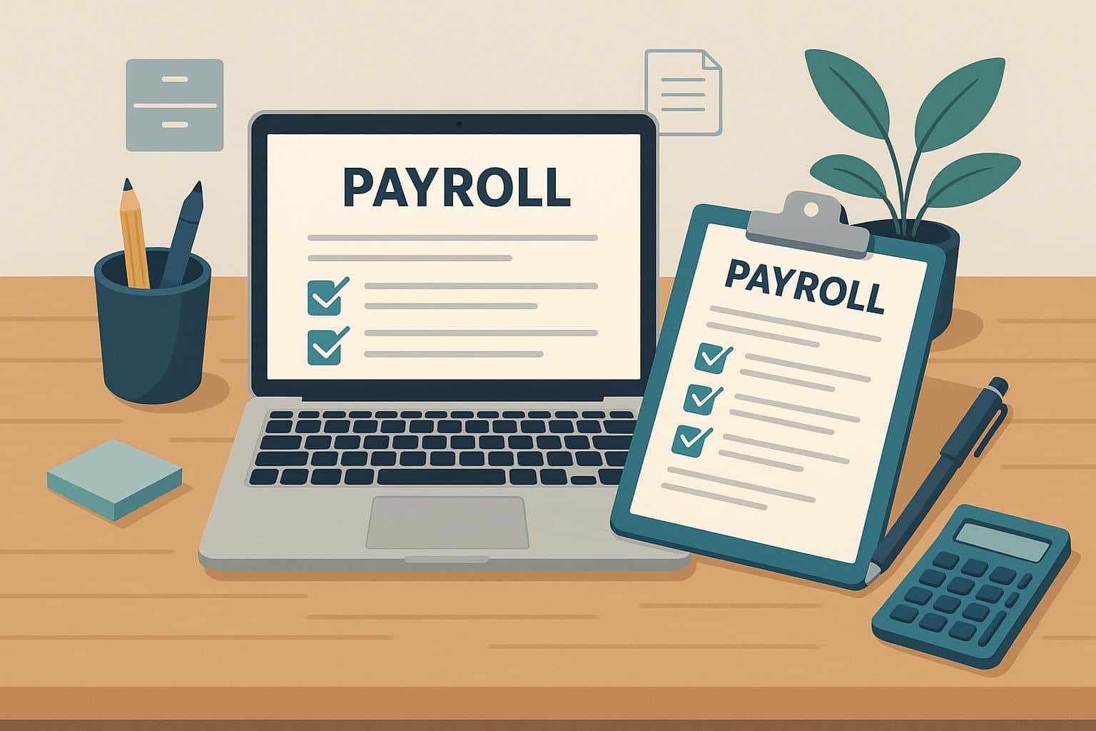 MacBook displaying payroll software dashboard for small business paperwork management