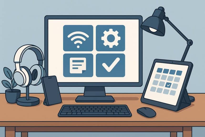 Modern home office setup with laptop, desk accessories, and tech gadgets for productivity