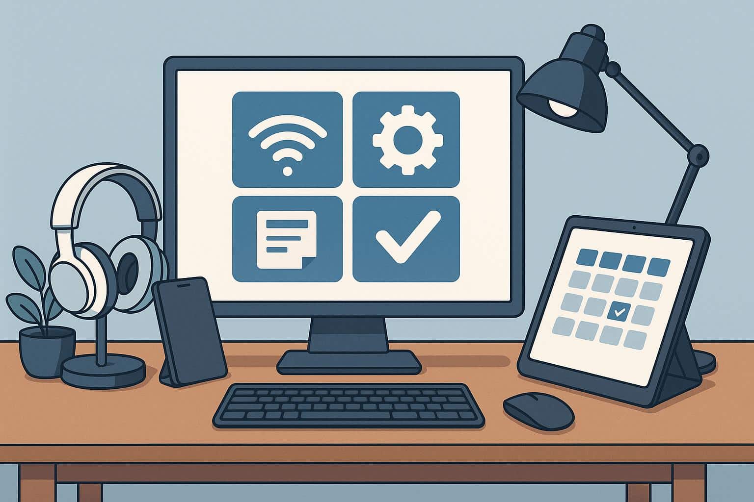 Modern home office setup with laptop, desk accessories, and tech gadgets for productivity