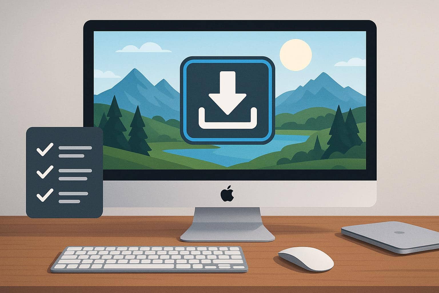 MacBook with gaming icons showing system requirements checklist for Mac gamers