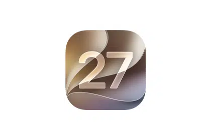 iOS 27 app icon with the number 27 on a sleek, glossy background.