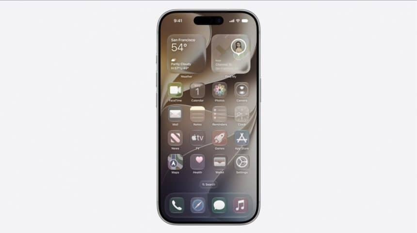 iPhone displaying the iOS 27 home screen with redesigned app icons and widgets.