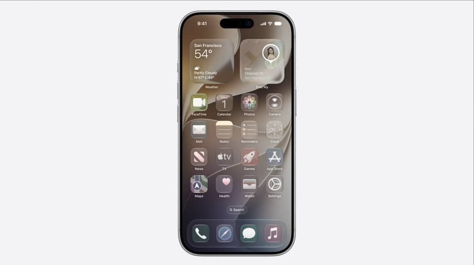 iPhone displaying the iOS 27 home screen with redesigned app icons and widgets.