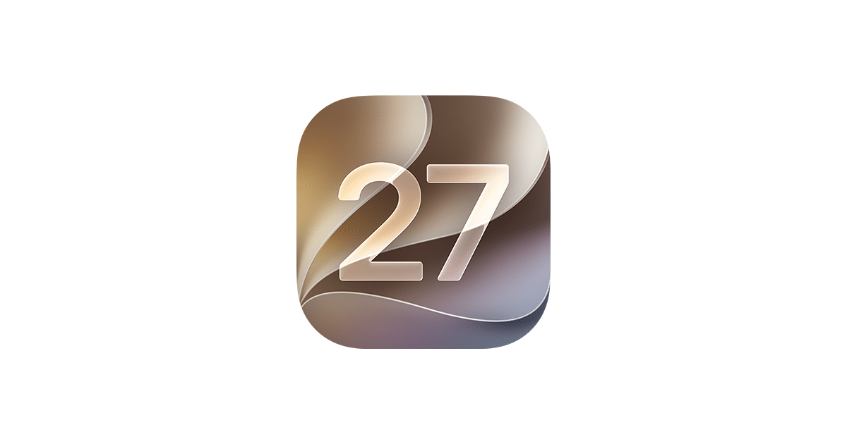 iOS 27 app icon featuring the number 27 on a glossy abstract background.