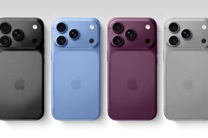 Four iPhone 18 Pro models shown in black, blue, purple, and silver colours.
