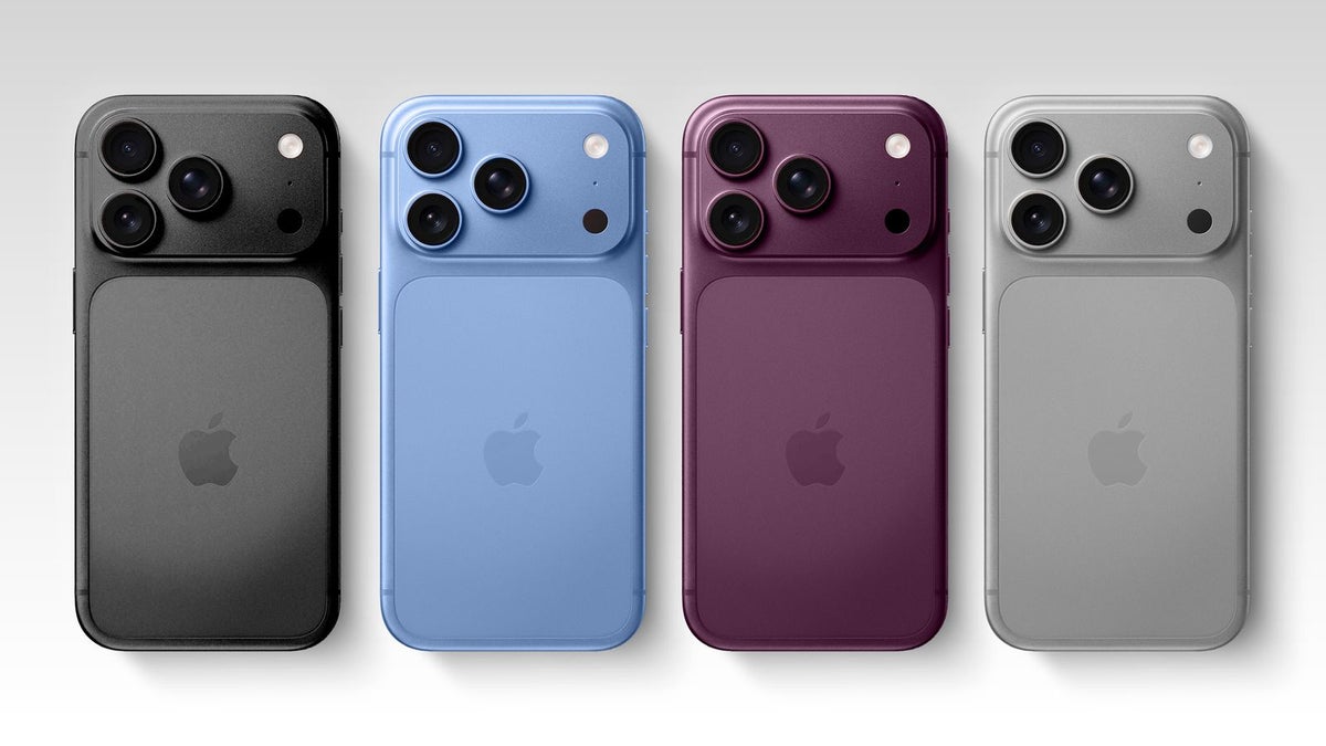 Four iPhone 18 Pro models shown in black, blue, purple, and silver colours.