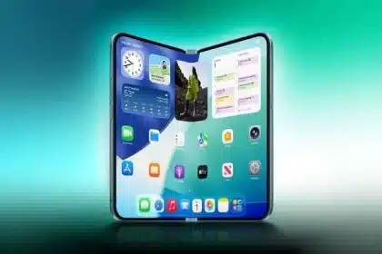 Concept image of a foldable iPhone opened to display its home screen.