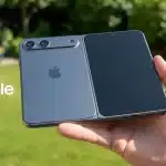 Concept image of a foldable iPhone opened halfway, showing dual cameras and a large folding display.