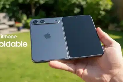 Concept image of a foldable iPhone opened halfway, showing dual cameras and a large folding display.