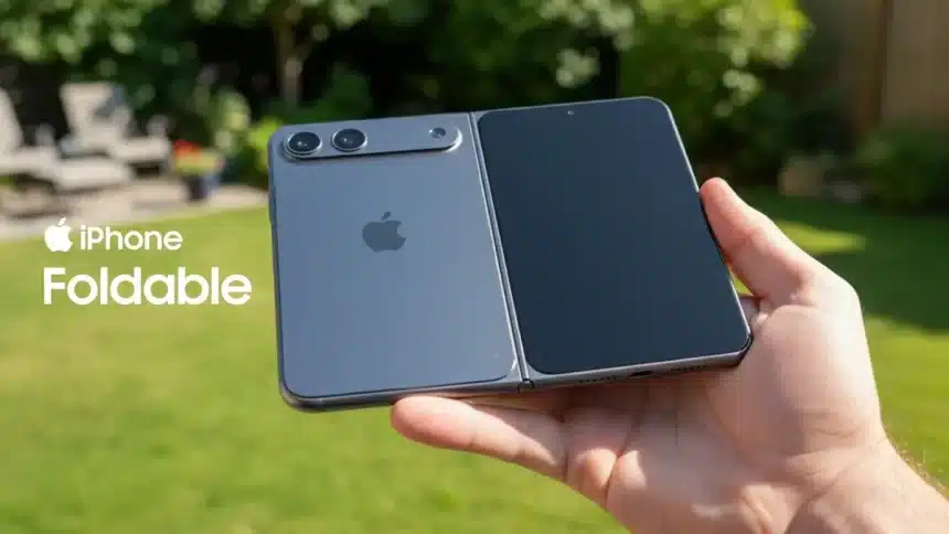 Concept image of a foldable iPhone opened halfway, showing dual cameras and a large folding display.