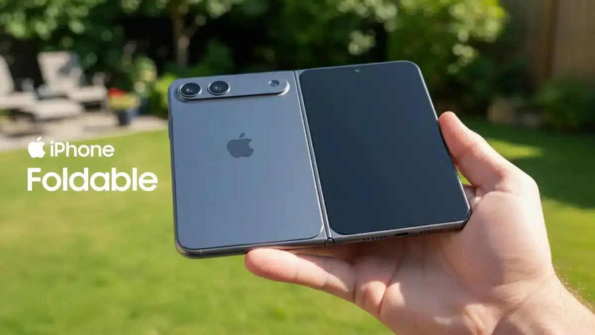 Concept image of a foldable iPhone opened halfway, showing dual cameras and a large folding display.