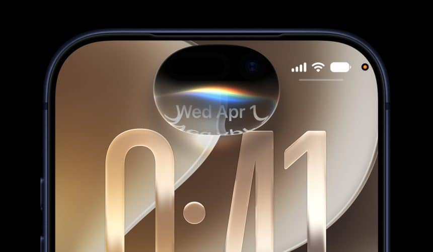 Close-up of an iPhone screen showing the iOS 27 lock screen and Dynamic Island interface.