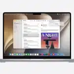 MacBook displaying the macOS 27 desktop and Mail app with enhanced search features.