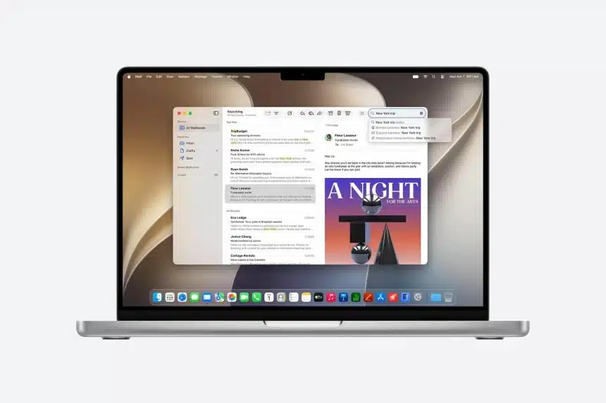 MacBook displaying the macOS 27 desktop and Mail app with enhanced search features.