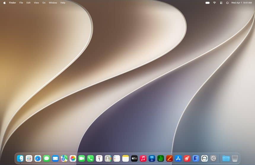 macOS Golden Gate desktop with a modern abstract wallpaper and app dock.