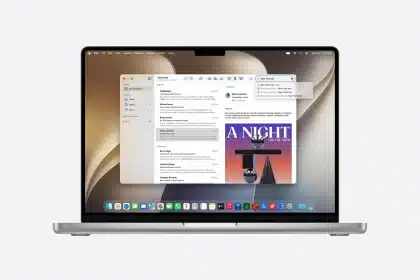 MacBook displaying macOS Golden Gate with the Mail app and enhanced search features.
