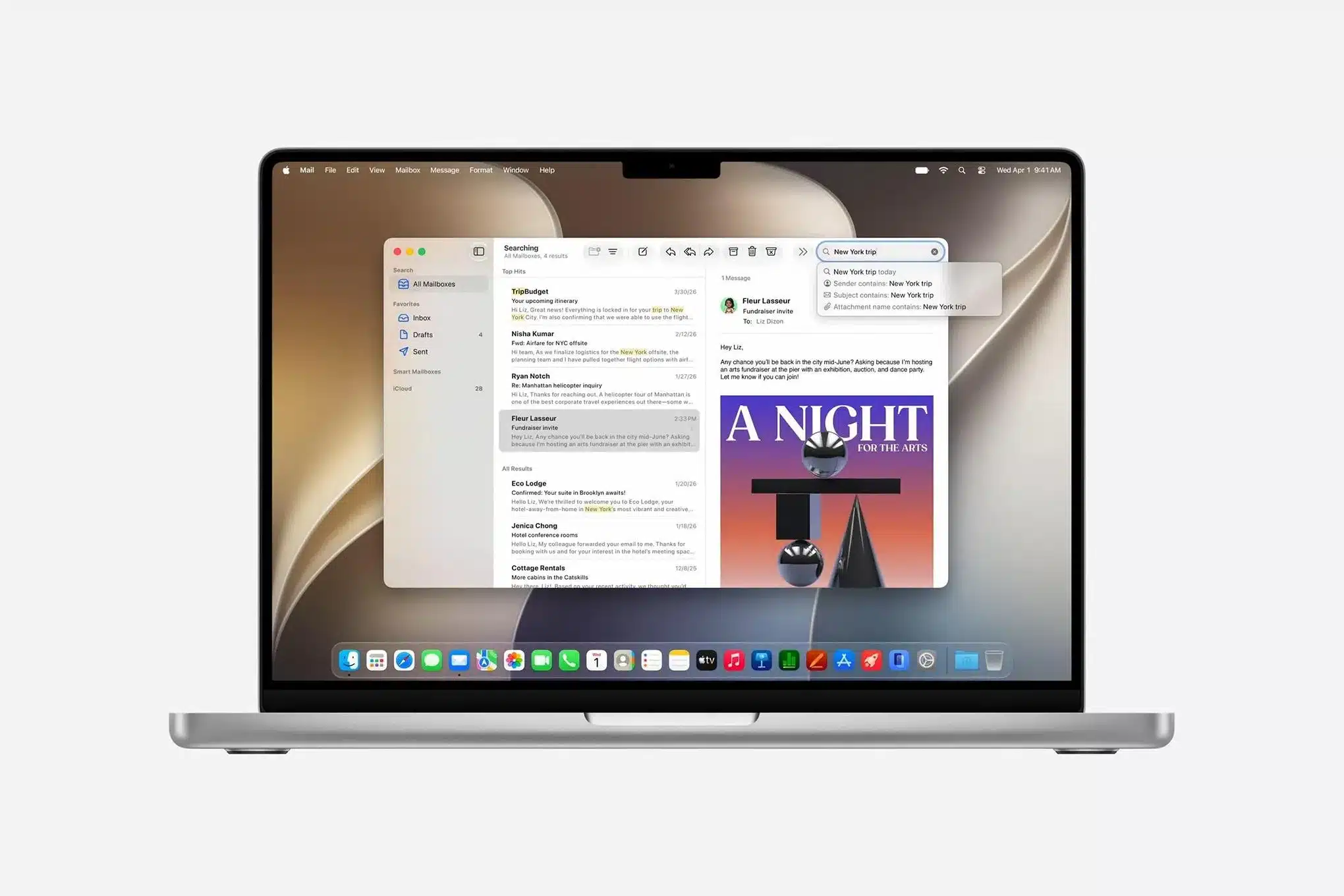 MacBook displaying macOS Golden Gate with the Mail app and enhanced search features.