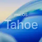 macOS Tahoe logo displayed on a blue abstract background.